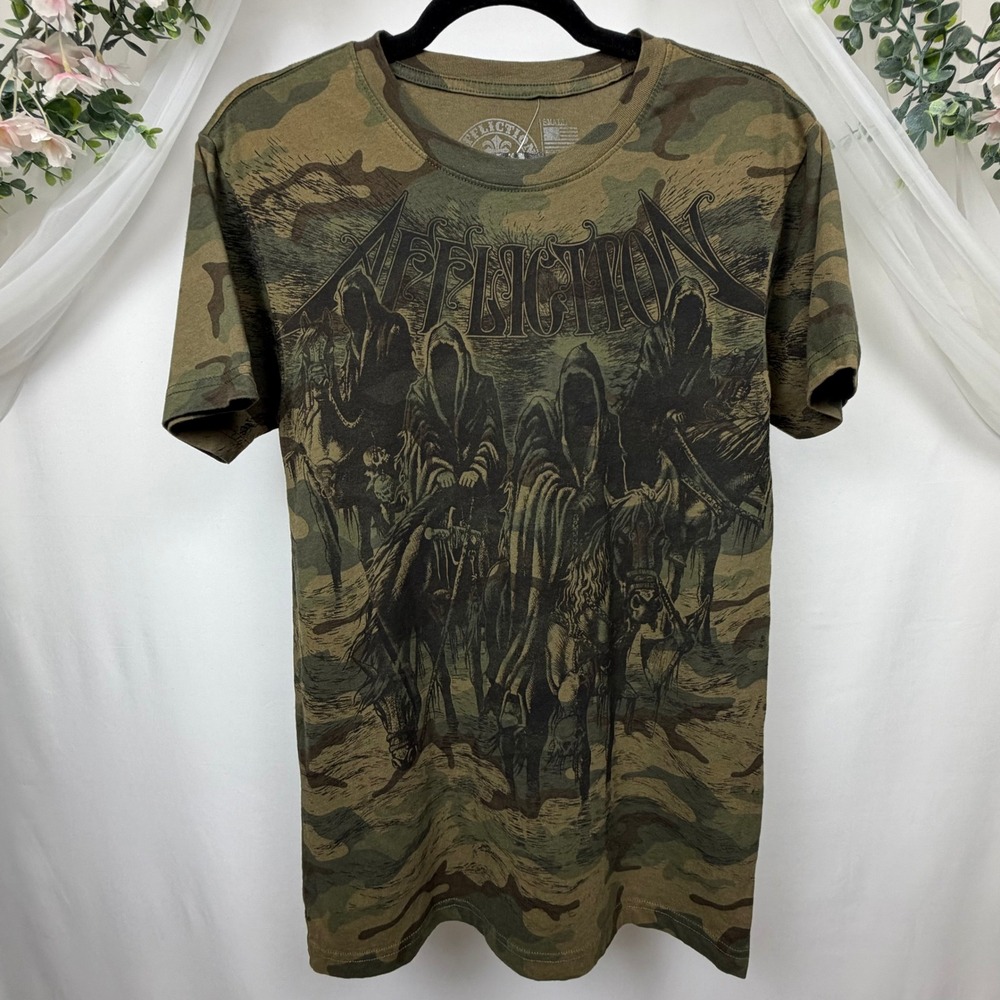 Affliction Men Black Night Camo T-Shirt Four Horsemen Graphic A29630 Small NWT